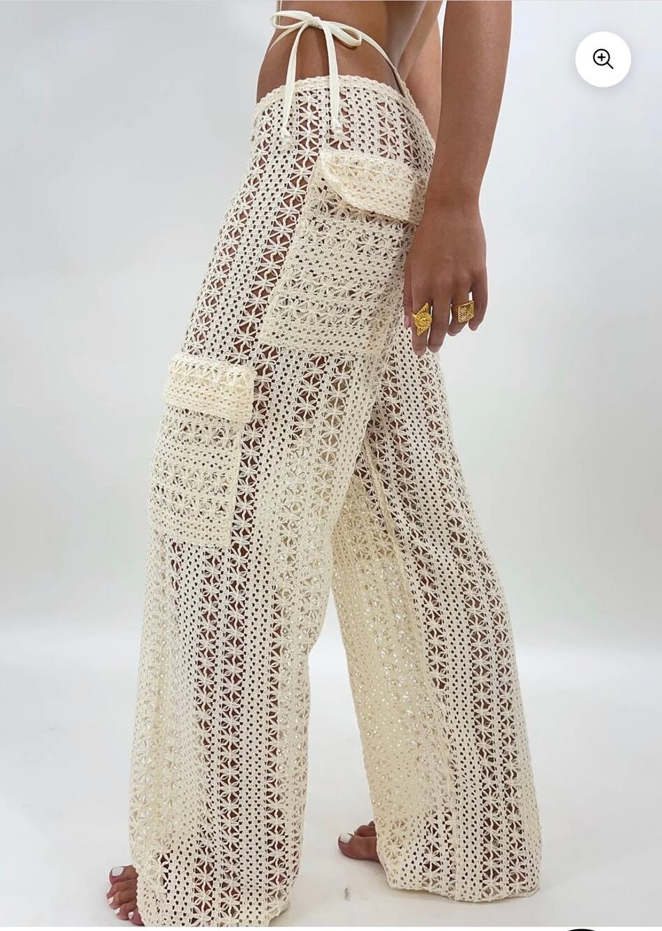 Heart of Sun Bahia Crochet Cargo Pants Beige Cream Wide Leg Boho Beach Cover Up